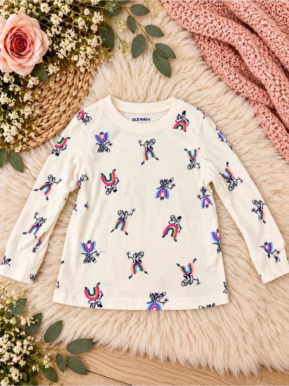 Old Navy Cream Long Sleeve Tee with Rainbow & Butterfly Print